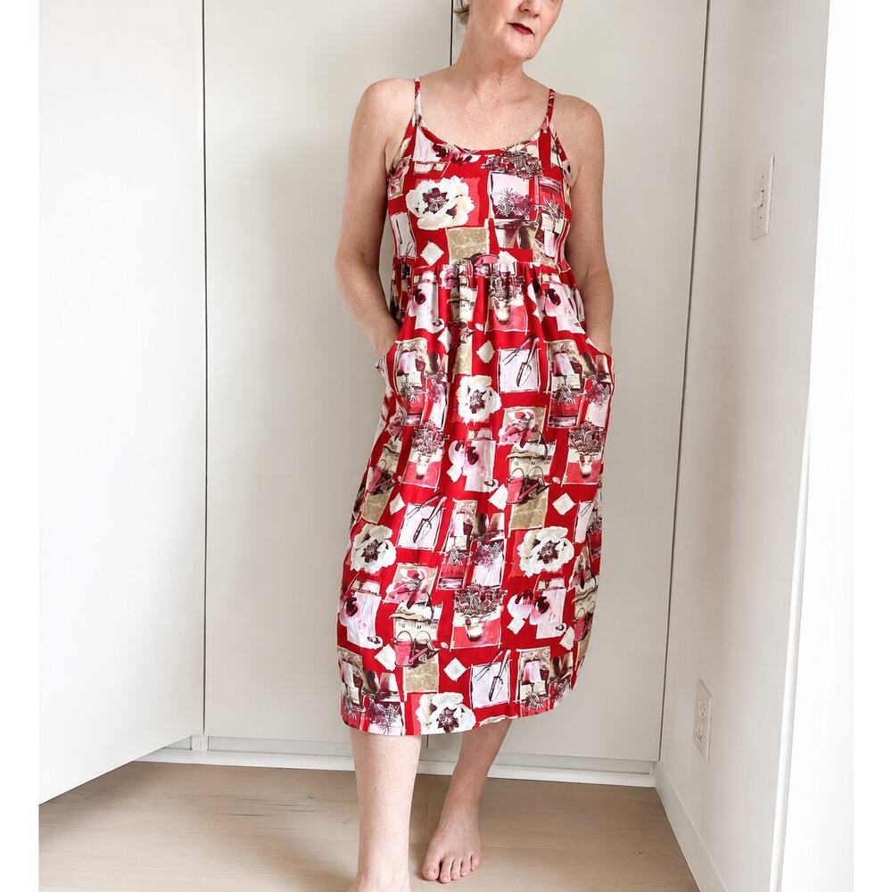 Vintage 90s Floral Dress Red White Size Small Pockets Cottage/gardencore - Picture 9 of 9